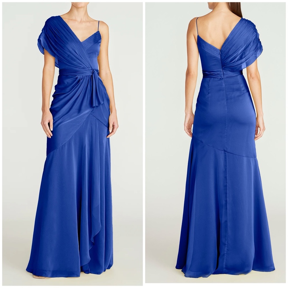 NWT Theia Jana Asymmetric Draped Evening Gown Maxi Dress in Oxford Blue Size 8